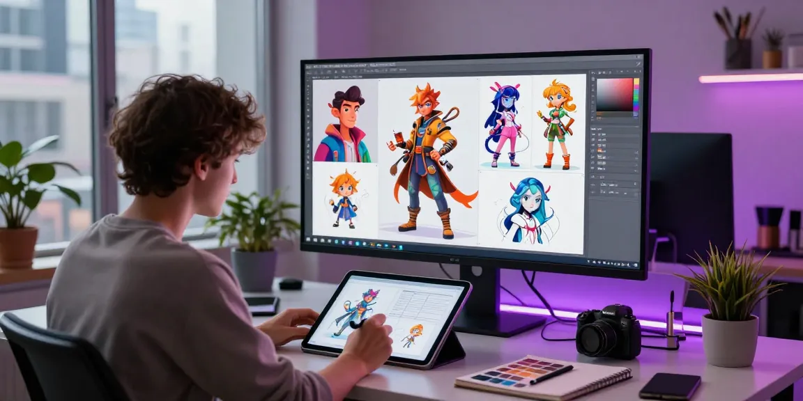 Creating character ai nsfw design in a vibrant digital art studio with an artist and prototypes.