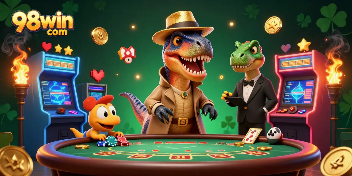 Experience the exciting world of gambling at 98win com with vibrant 3D characters and casino elements.
