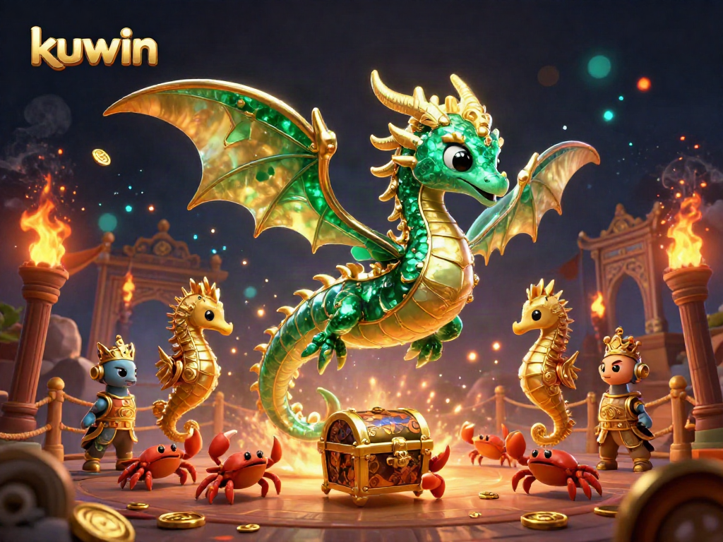 Kuwin's emerald sea dragon leads a treasure hunt in a vibrant 3D casino underwater scene.
