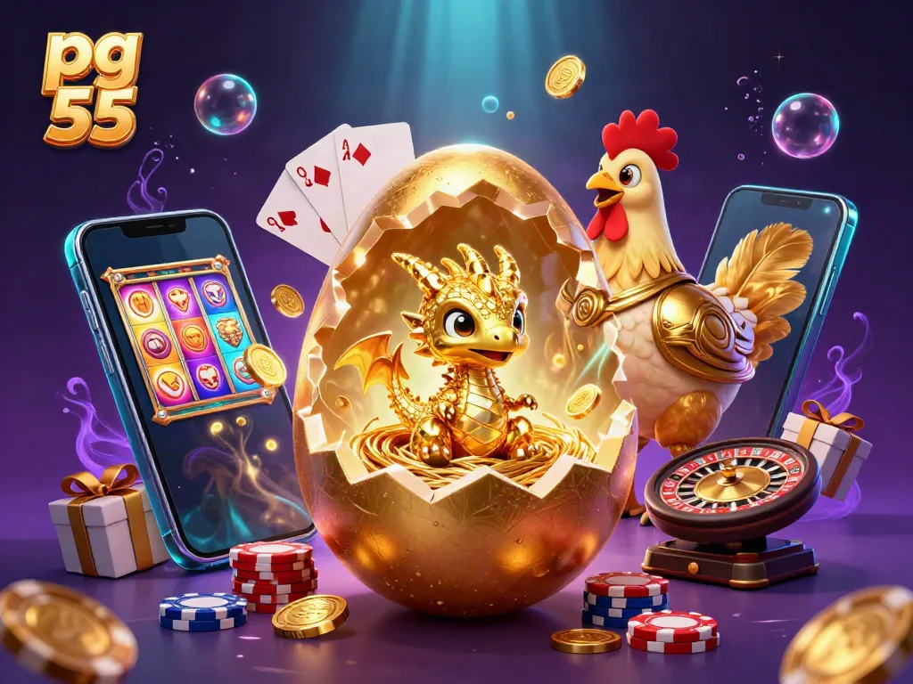 Experience pg 55 excitement with a golden dragon and casino treasures illuminated in vibrant colors.