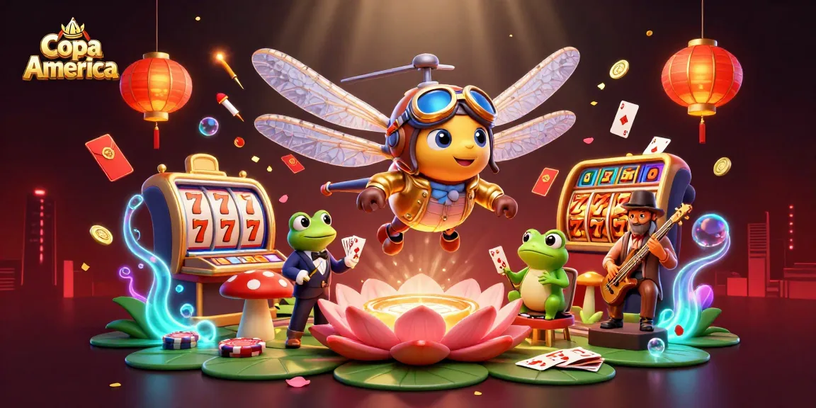 Copa America themed casino scene featuring a dragonfly pilot, frog croupier, and jazzy cricket musicians.