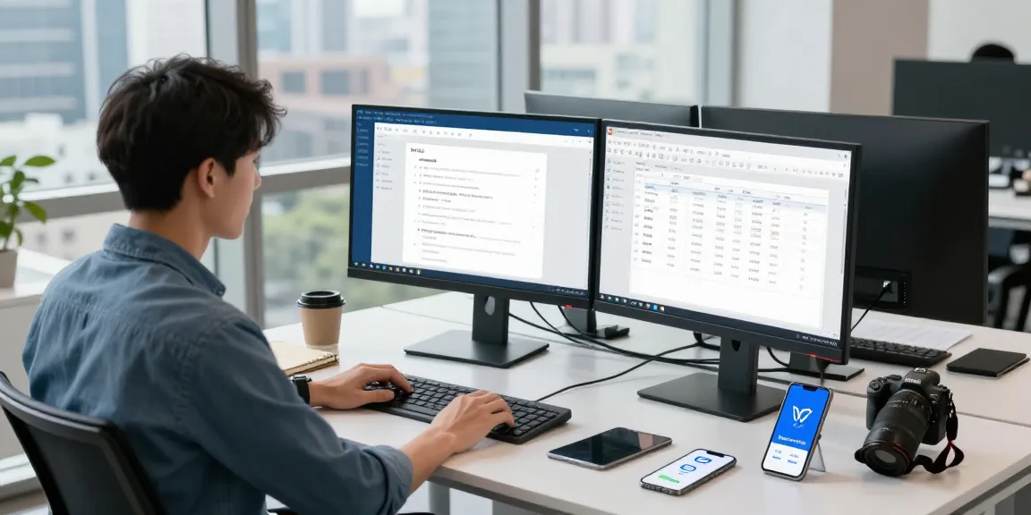 Download WPS Office on modern dual monitors in a vibrant workspace with city view.