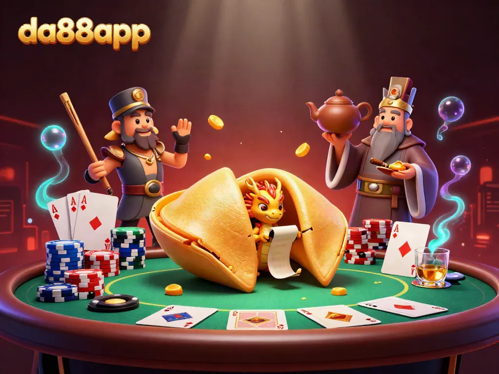 Experience the thrills of da88app with a dynamic 3D casino scene featuring poker elements and whimsical characters.