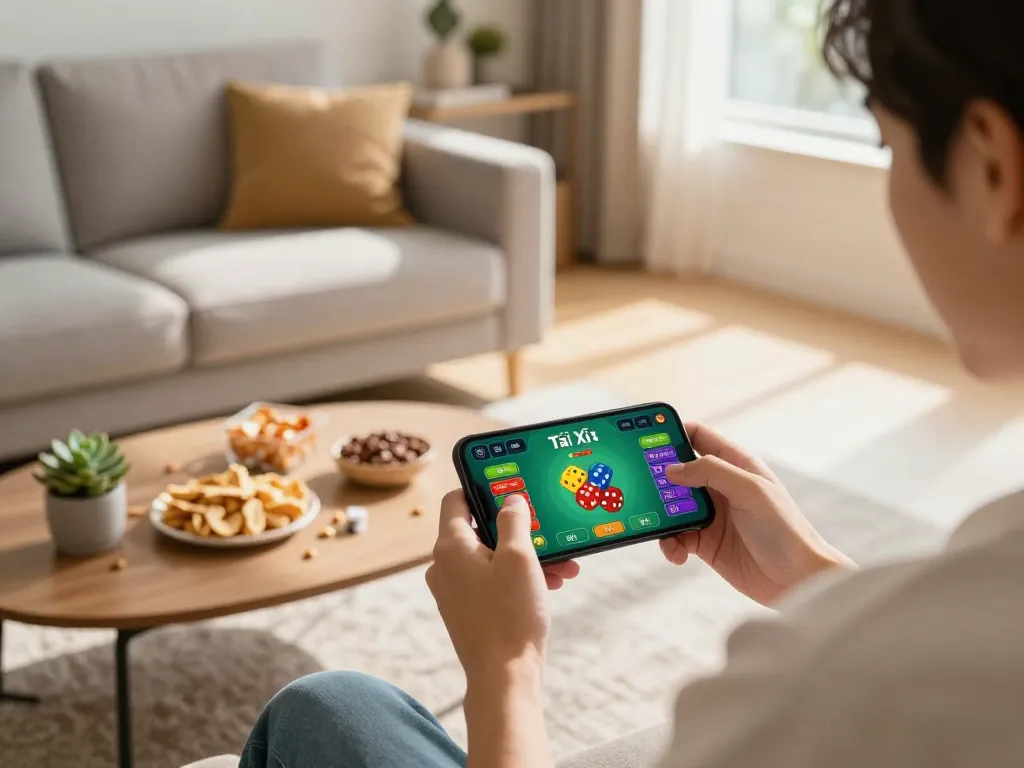 Person playing app tài xỉu on smartphone in a cozy living room, highlighting online gaming excitement