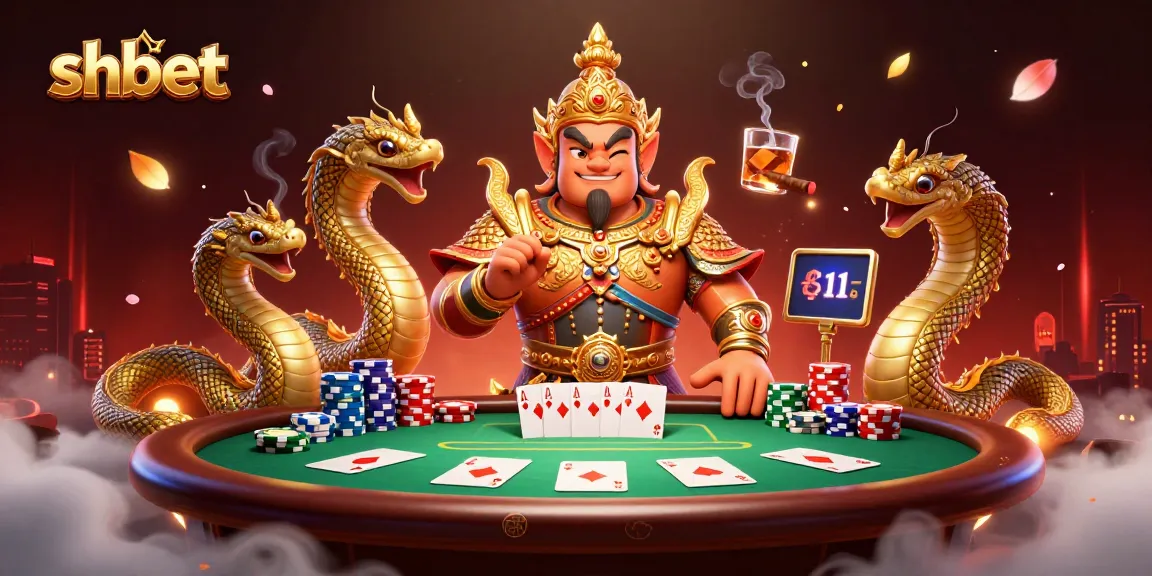 Experience the thrill of shbet as a yaksha guardian oversees a vibrant poker game, surrounded by rich casino elements.
