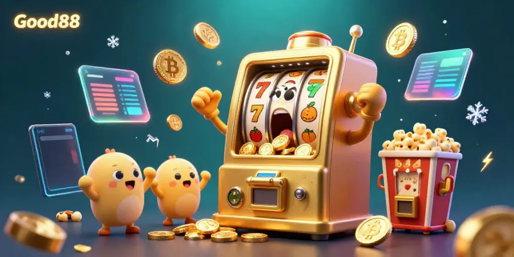 Experience Good88 as a lively golden slot machine hits a jackpot, spilling coins in an exciting casino atmosphere.