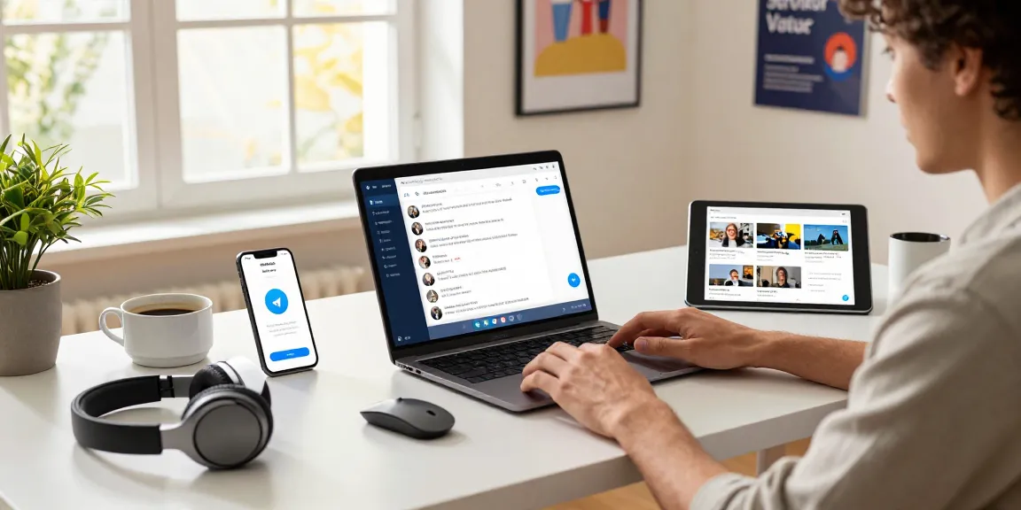 Download Telegram on multiple devices in a modern workspace with a user interacting with the app.