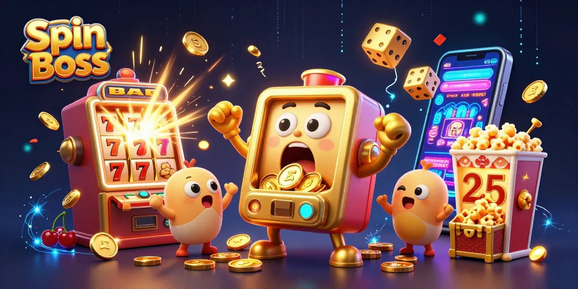 Spin Boss slot machine celebrates a jackpot win with coins flowing, surrounded by cheering baby slots.