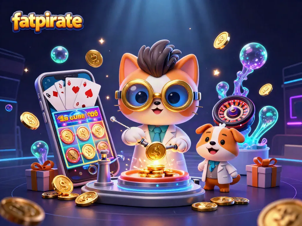 Engage with fatpirate's vibrant casino scene featuring a mad scientist cat and a dog assistant.