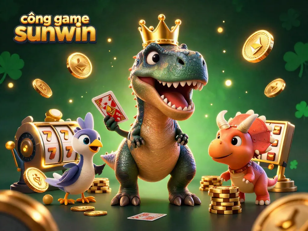 Engage with cổng game sunwin featuring a fun T-Rex playing cards alongside a pterodactyl assistant and a baby triceratops stacking chips.