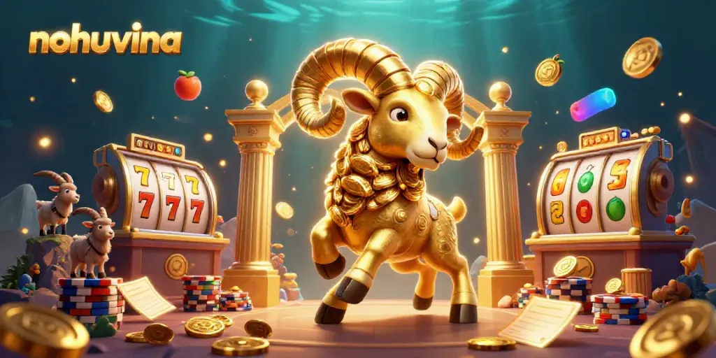 Nohuvina presents a vibrant gaming scene with a golden ram and slot elements, showcasing excitement.