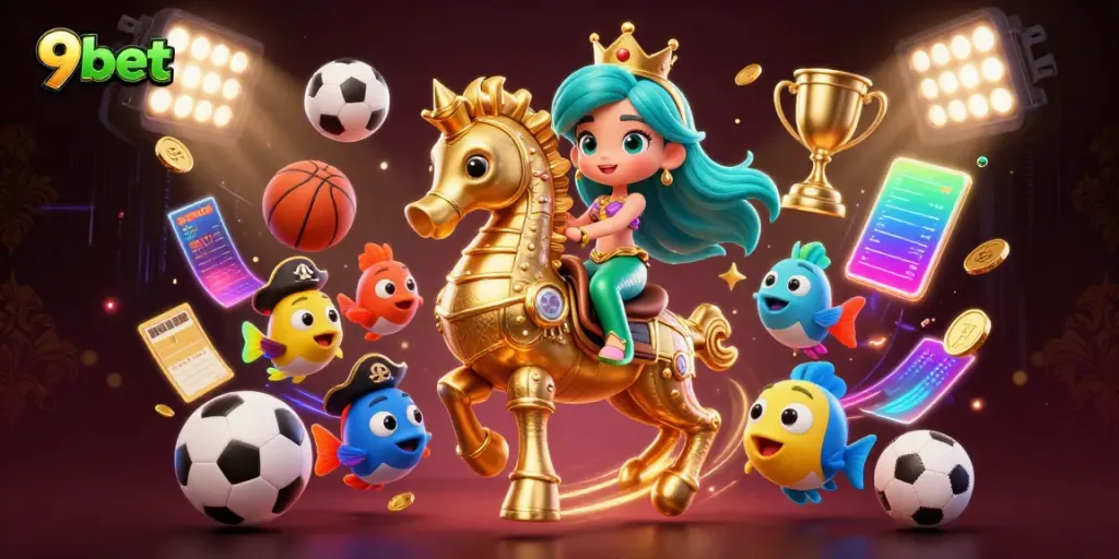 Engage with the vibrant gaming world of 9bet, featuring a thrilling mermaid princess and dynamic sports elements.
