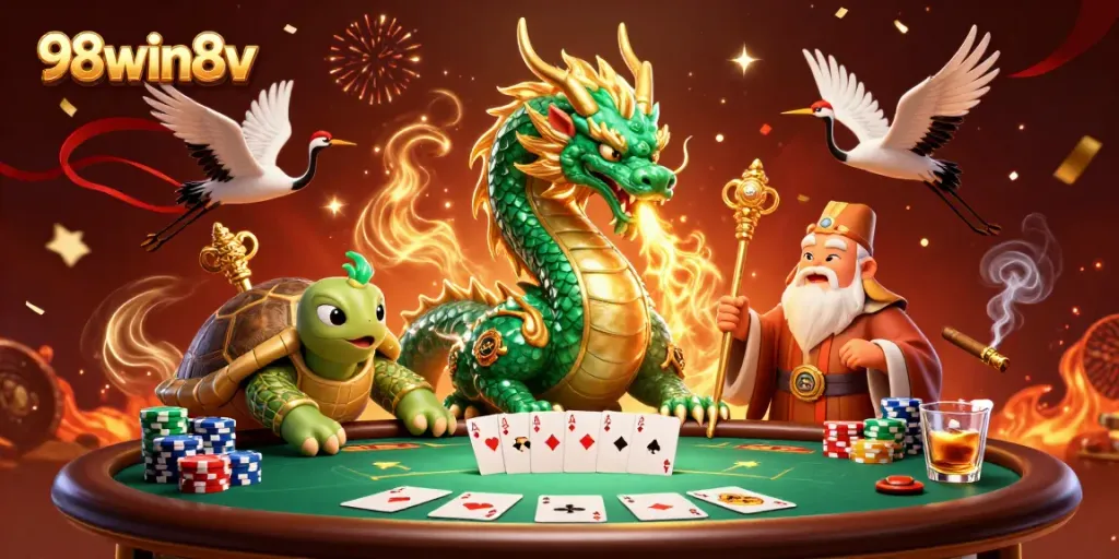 Experience the thrill of 98win8v with a vibrant 3D illustration of a jade dragon and gaming elements.