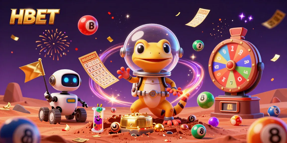 Experience the excitement at HBET, featuring a Martian gecko amidst colorful lottery games and casino excitement.