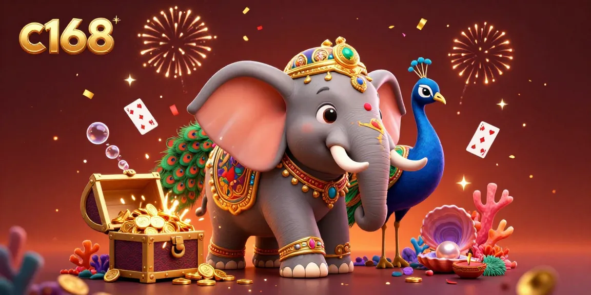 Engage with c168's vibrant gambling adventure featuring a festive elephant and peacock amidst colorful casino elements.