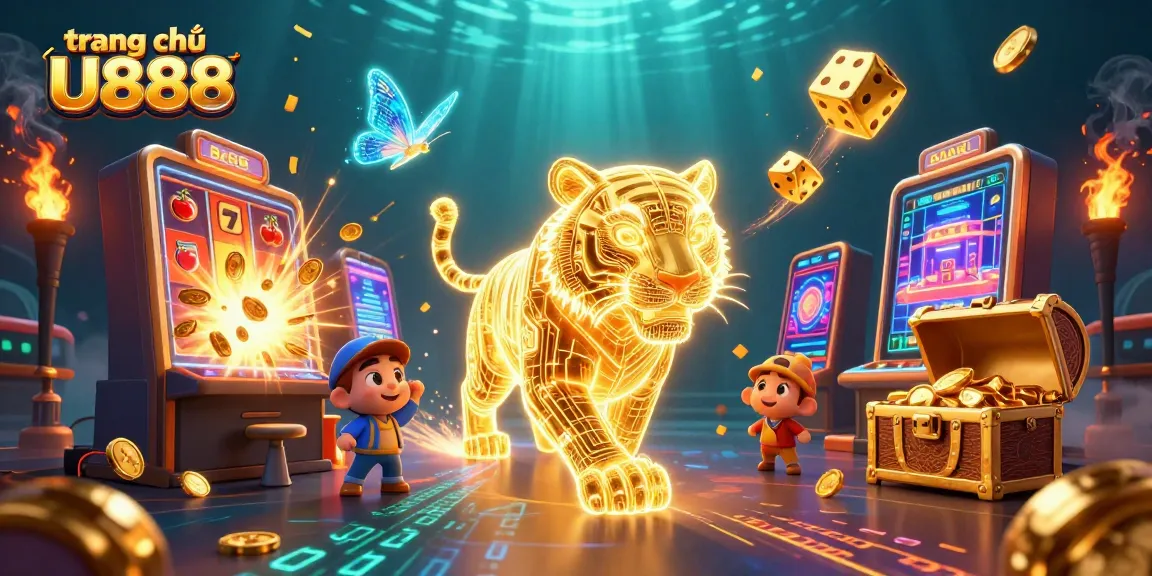Experience the thrill of gameplay at trang chủ U888 with neon-wireframe characters and vibrant casino elements.