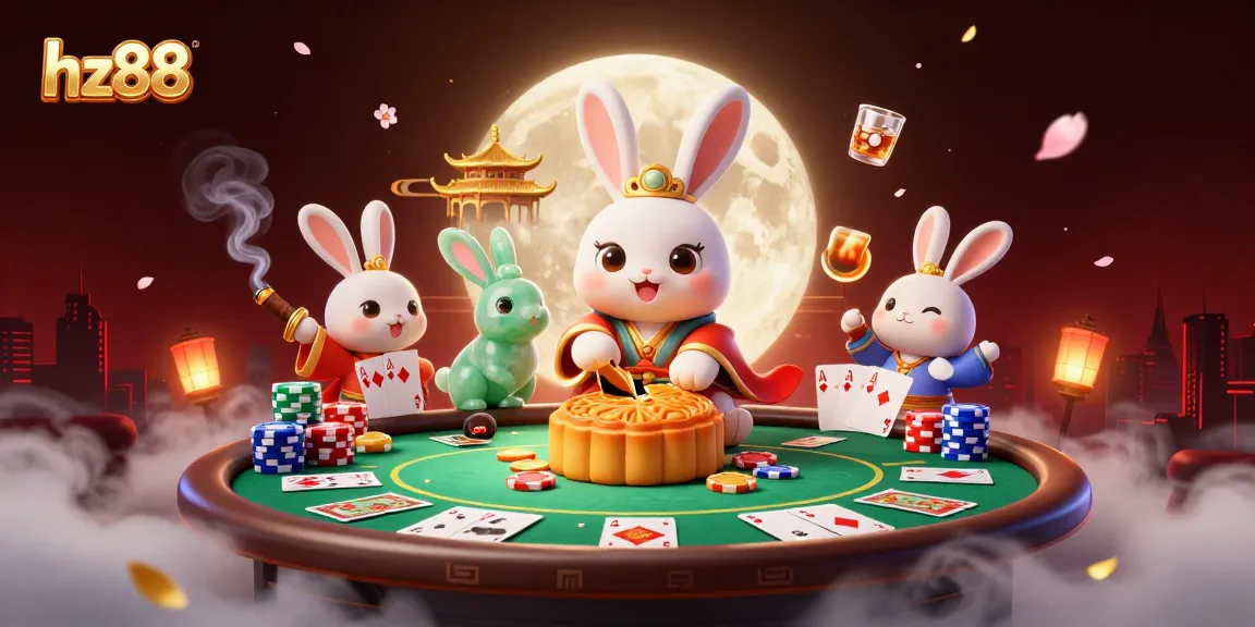 Experience an exciting gambling adventure with hz88 as the moon rabbit reveals poker chips from golden mooncakes, amidst dynamic casino elements.