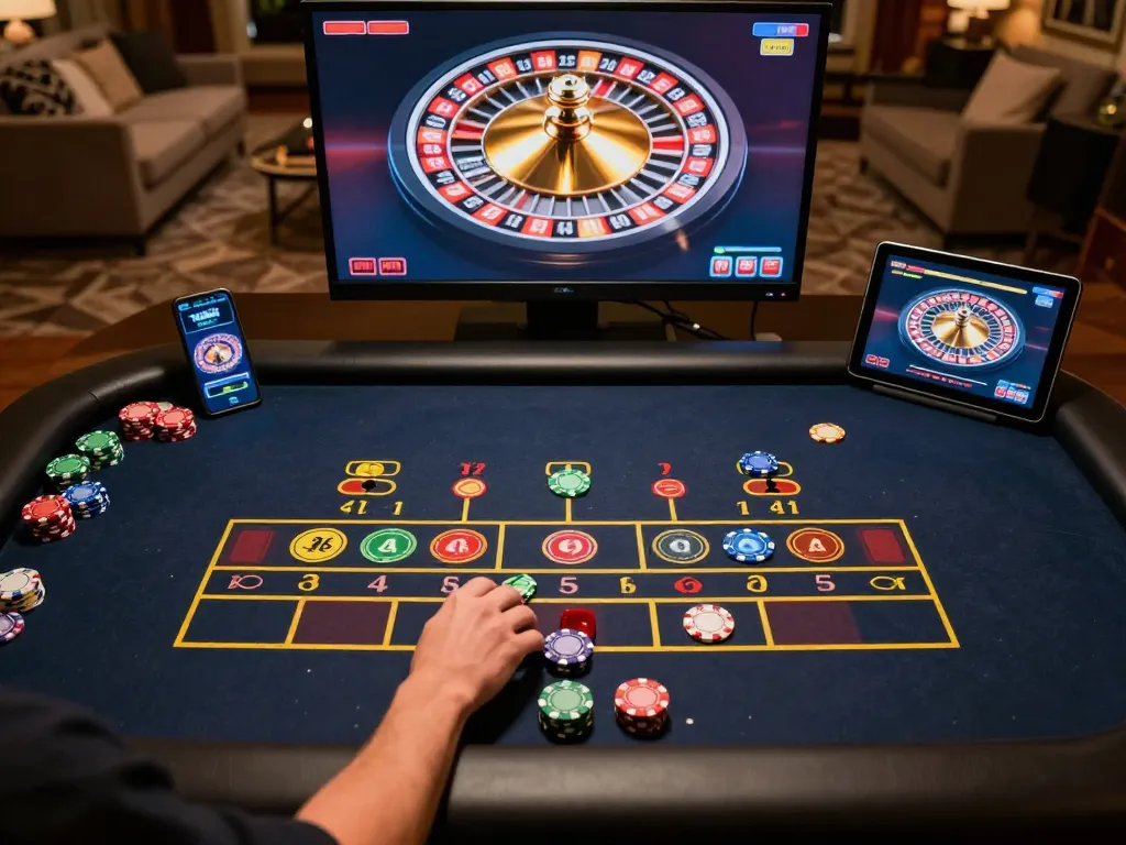 Place bets at F8bet com's engaging roulette table featured in an online gaming setup.