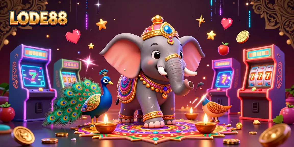 Engage with LODE88 in a vibrant 3D illustration showcasing exciting slot games and lively characters.
