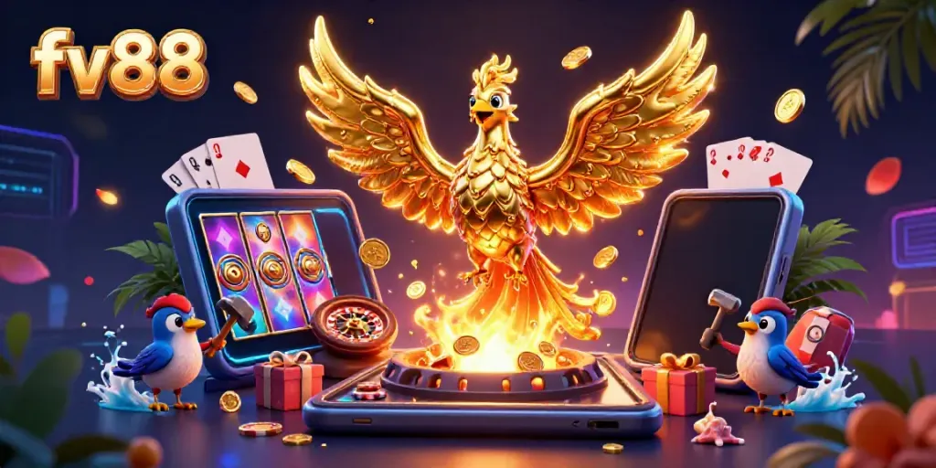 Experience thrilling gameplay with fv88's vibrant casino scene featuring colorful slot games and gold coins.