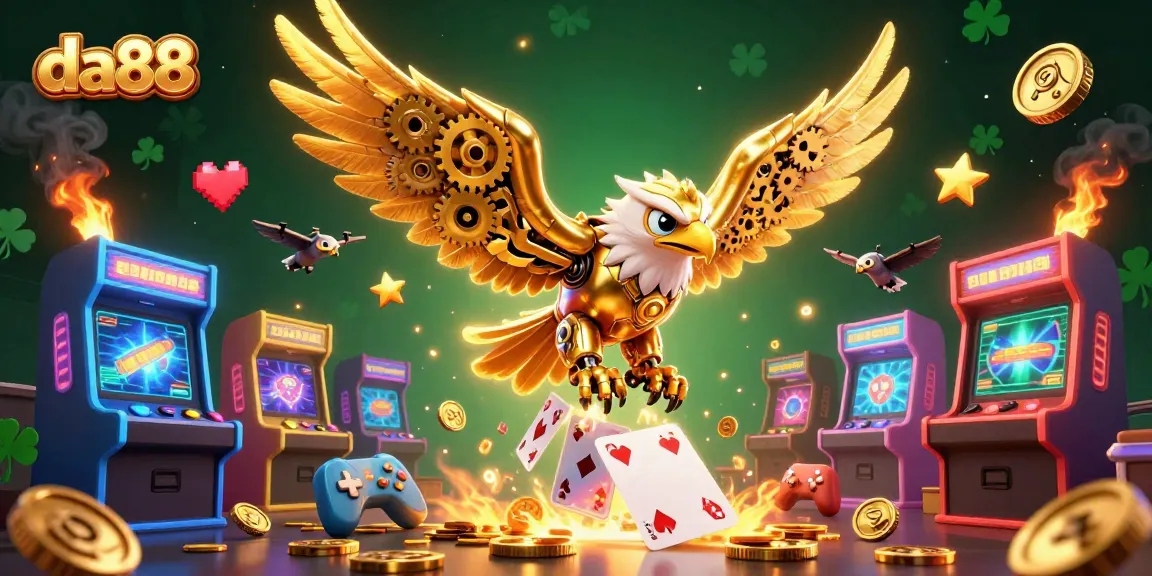 Experience thrilling gameplay at da88 with a cybernetic golden eagle flying through dazzling holographic cards.
