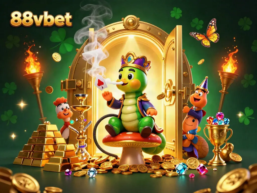 Engage with 88vbet's vibrant 3D casino scene featuring a sultan caterpillar master and treasures.