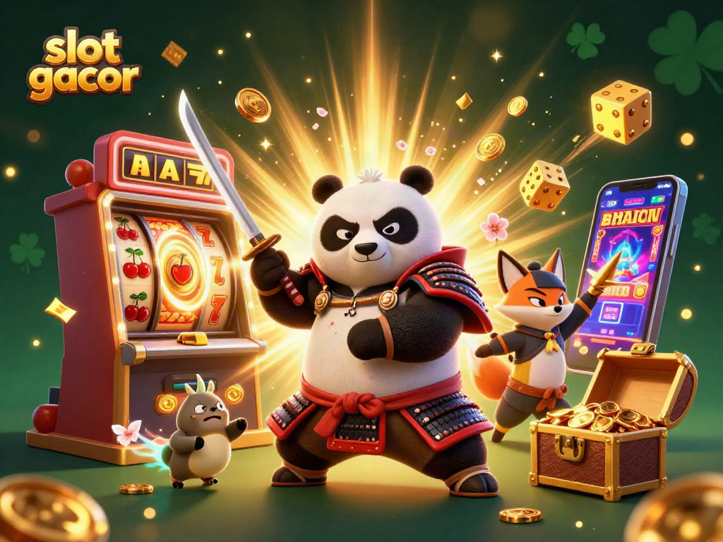 Experience the thrill of slot gacor with a vibrant 3D illustration showcasing a samurai panda and a ninja fox.