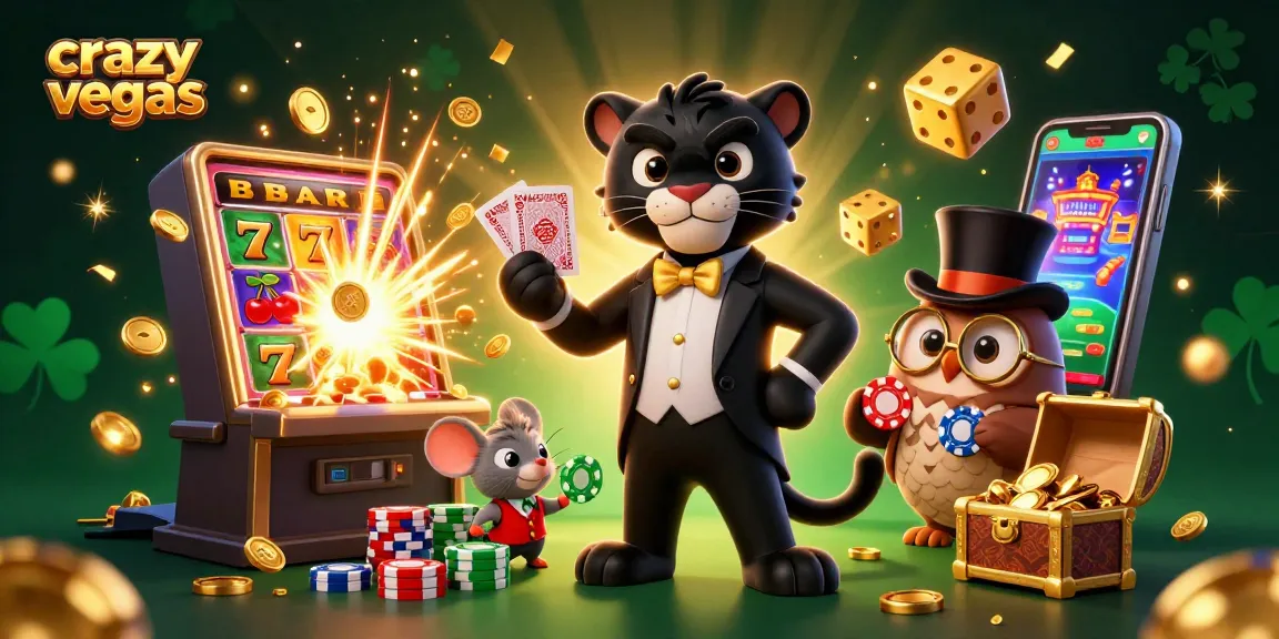Engage with exciting slots at crazyvegas featuring a panther dealer, owl, and lucky mouse amidst vibrant casino elements.
