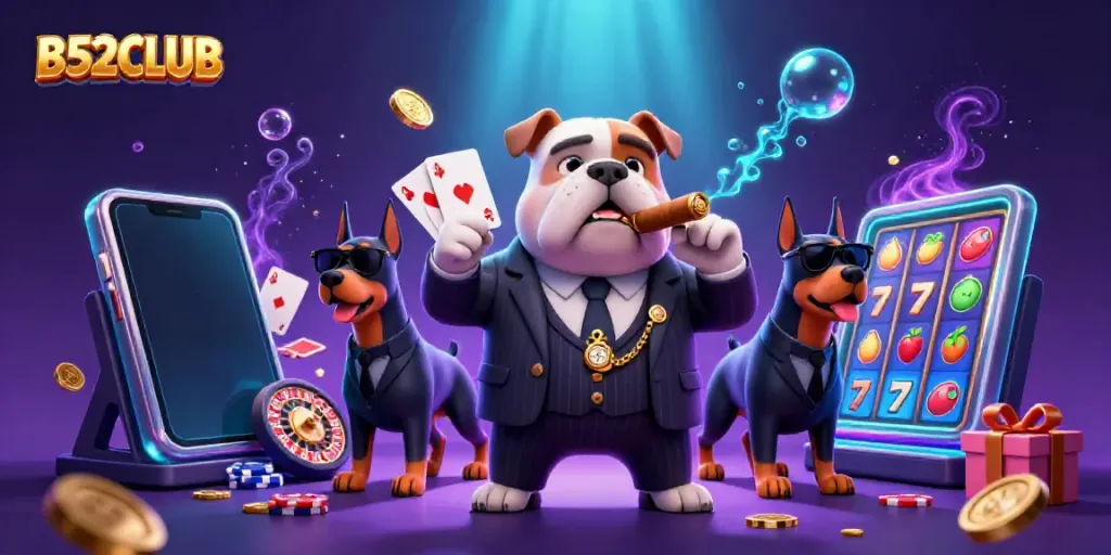 B52CLUB showcases a dynamic casino scene with a mafia boss bulldog and Doberman guards amidst vibrant slot games and golden coins.