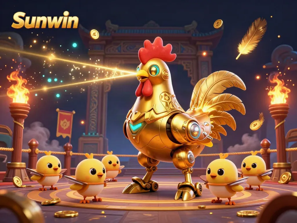 Experience the excitement of Sunwin's gaming arena with a golden rooster robot and baby chick drones in action.
