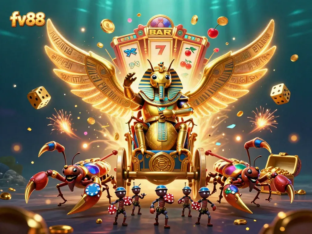 Experience fv88 with thrilling gaming elements in a dynamic, colorful illustration.