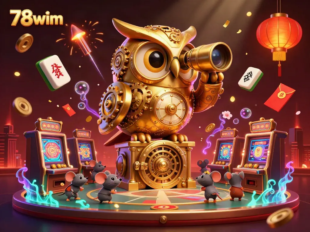 Engage in thrilling gameplay at 78wim with dynamic cartoon illustrations of casino pros, featuring golden owl and vibrant game elements.