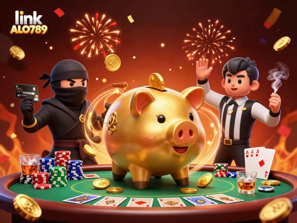 Experience excitement with link ALO789 featuring a golden piggy bank sumo wrestler, wallet-ninja, and credit-card samurai at a poker table.