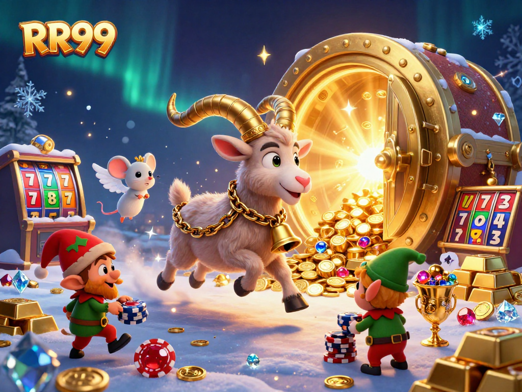 Engage in thrilling games at RR99 with cartoon Krampus running a festive casino.