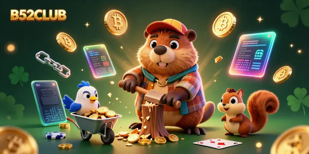 Engage in B52CLUB gameplay with a beaver and friends collecting gold while enjoying dynamic casino elements.
