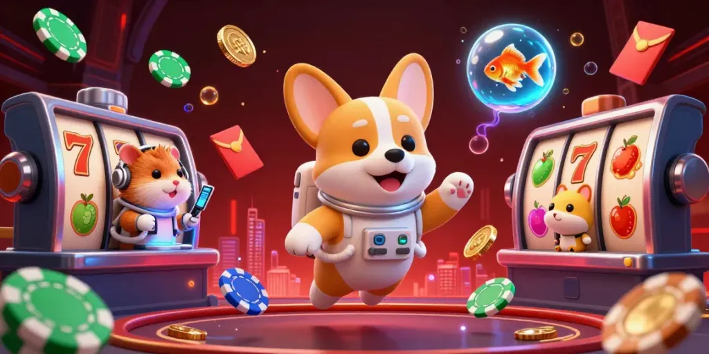 Situs slot scene with an astronaut corgi in a space casino, captivating players with drifting golden coins.