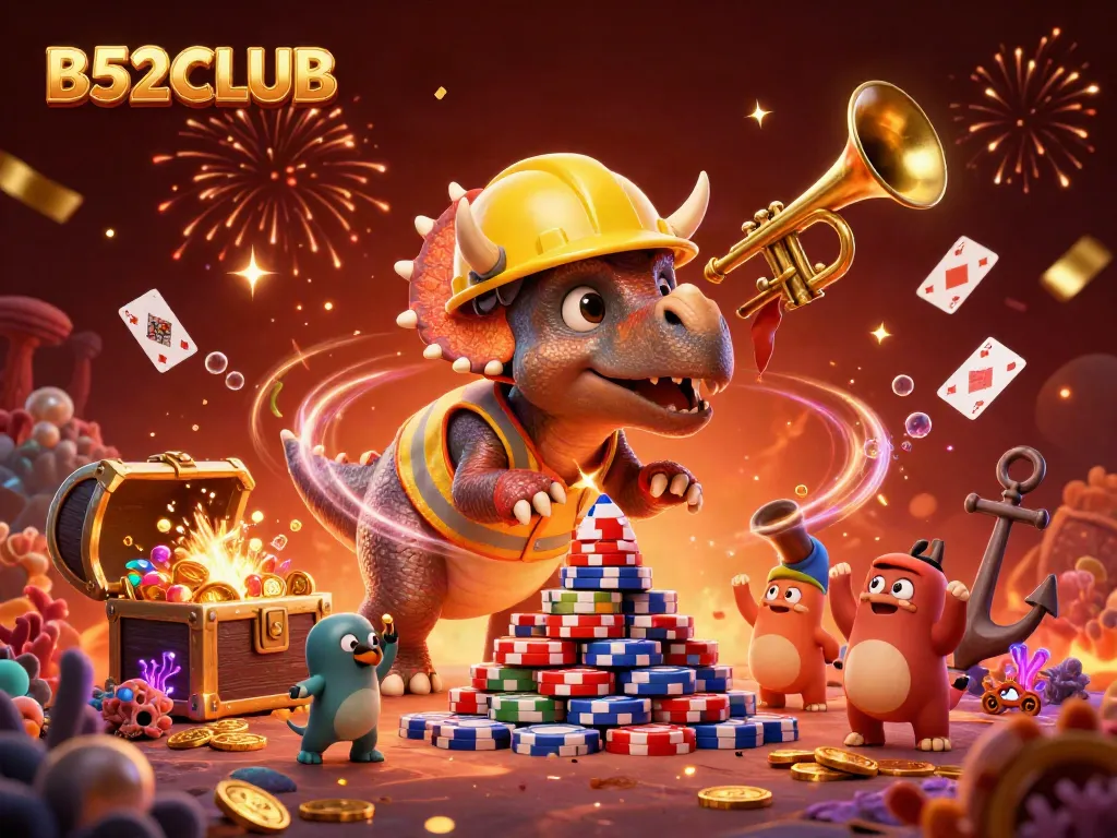 B52CLUB brings excitement with a triceratops building poker chips amidst a celebratory casino scene.