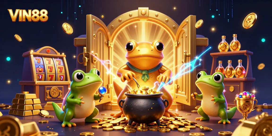 Experience the thrilling world of VIN88 as characters transform metals into gold in a bustling casino backdrop.