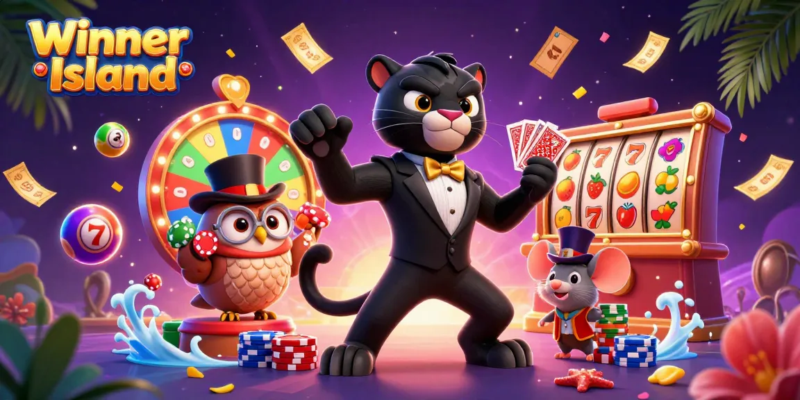 Winner Island offers an engaging casino experience with vibrant characters and dynamic game elements showcased.
