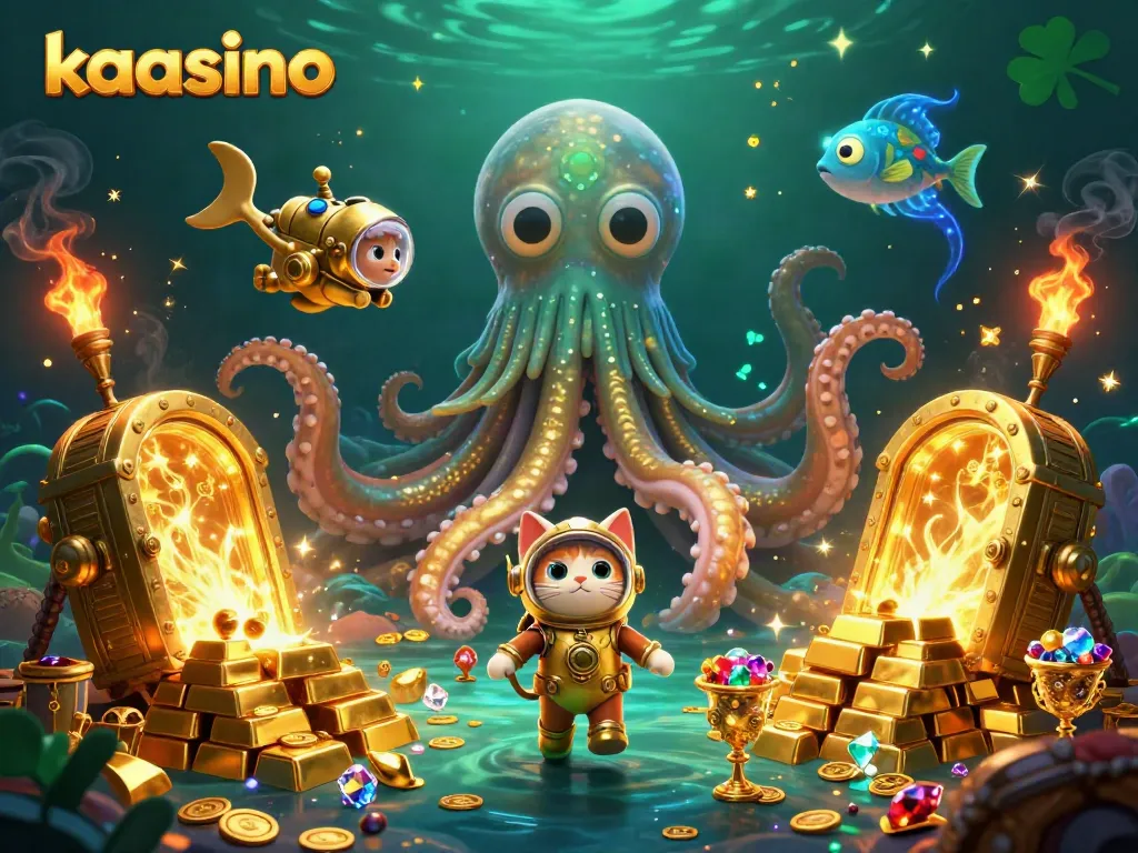 Kaasino showcases a vibrant, dynamic scene with a colossal kraken, diving cat, and treasures, emphasizing gaming excitement.