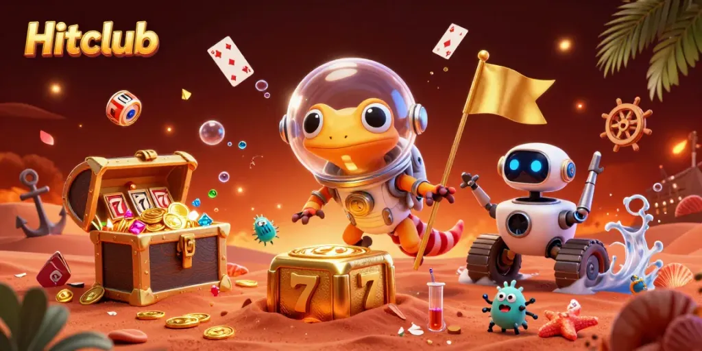 Win exciting rewards at Hitclub's dynamic casino adventure with Martian characters and treasure.