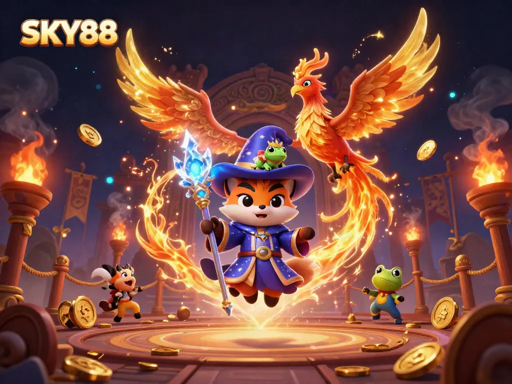 Experience the excitement of SKY88 with a mystical 3D wizard fox and phoenix in a dynamic casino scene.