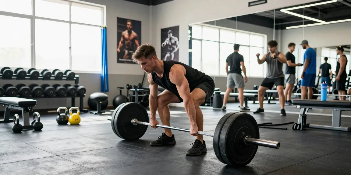 Bodybuilder demonstrating strength with Prime Pharma Steroiden in a vibrant gym setting, surrounded by fitness equipment.