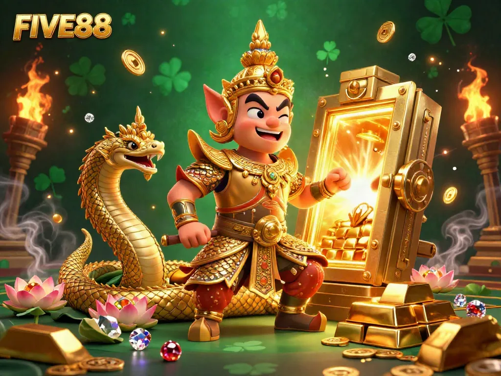 Experience the excitement of gambling with FIVE88's lavish 3D scene featuring a Thai guardian and treasure galore.