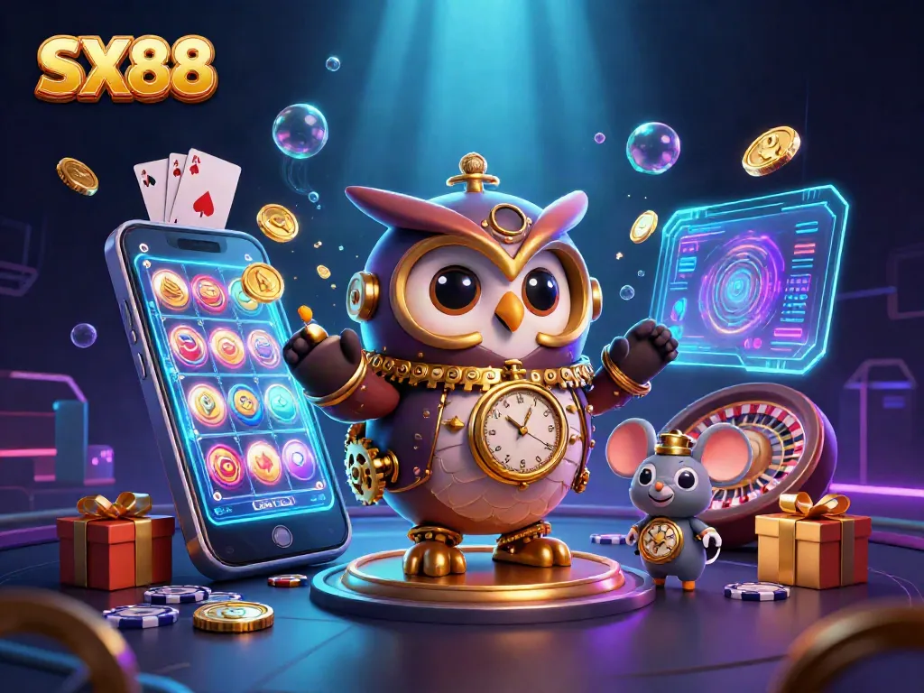 SX88 captivating 3D illustration showcasing a time-traveling owl and casino elements igniting excitement in gameplay.