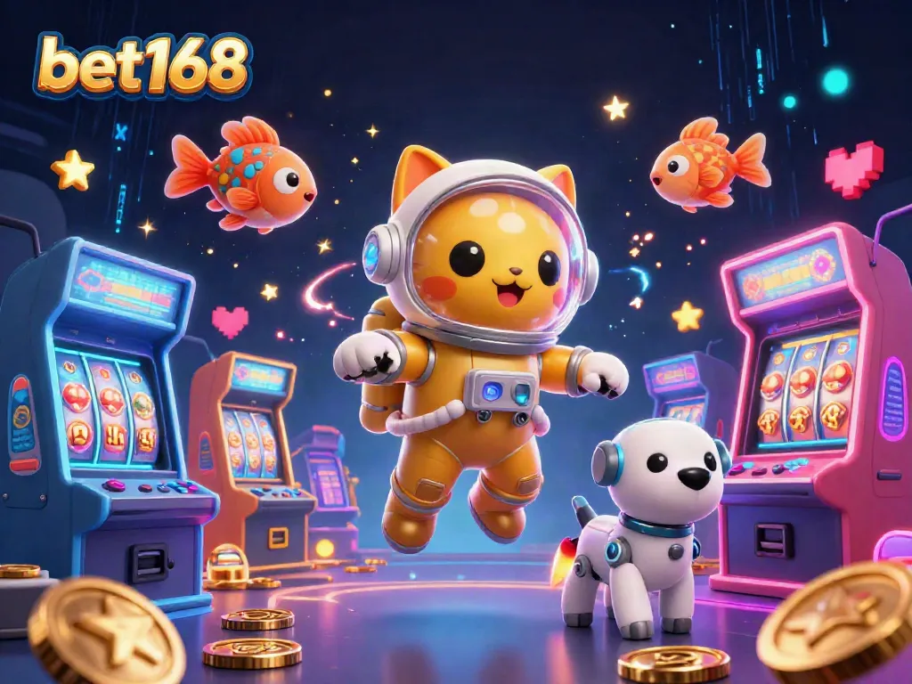 Engage with bet168 in a vibrant 3D casino universe featuring a floating astronaut cat and a robot dog among glowing game machines.