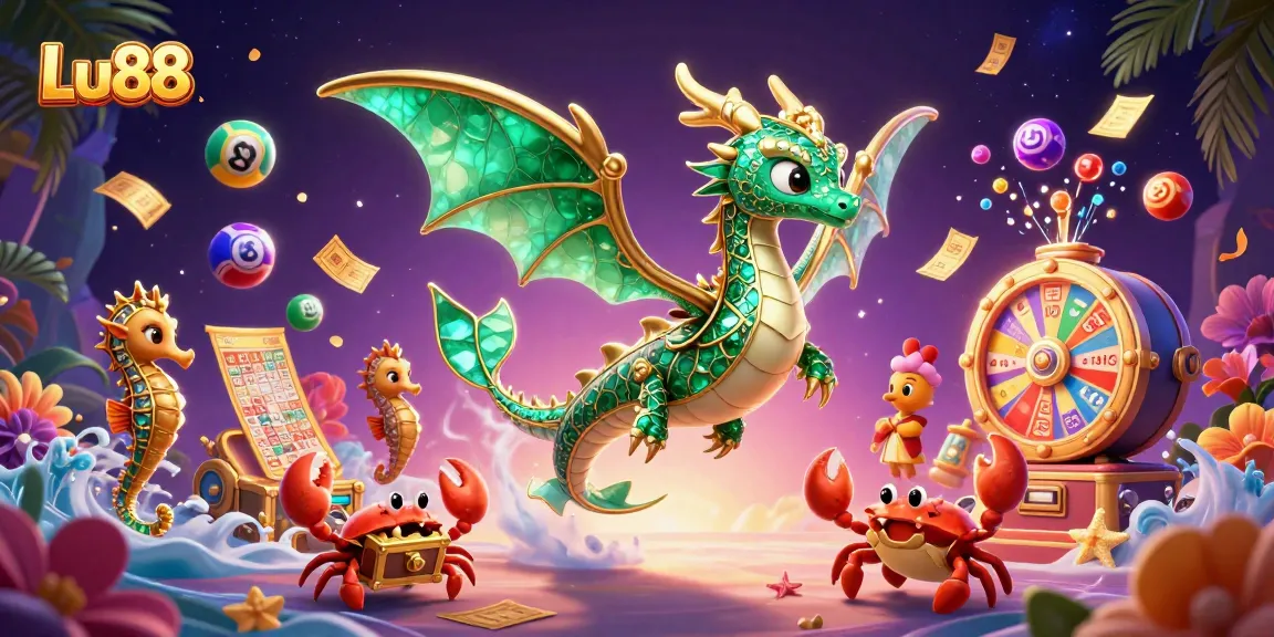 Experience Lu88's captivating gameplay with vibrant lottery balls and dynamic prizes in an enchanting scene.