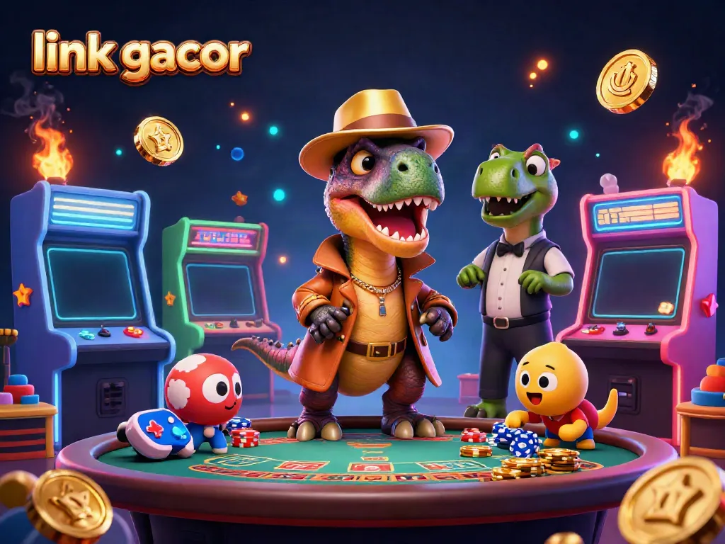 Experience gaming excitement with the link gacor in a vibrant casino-themed illustration featuring playful dinosaurs.