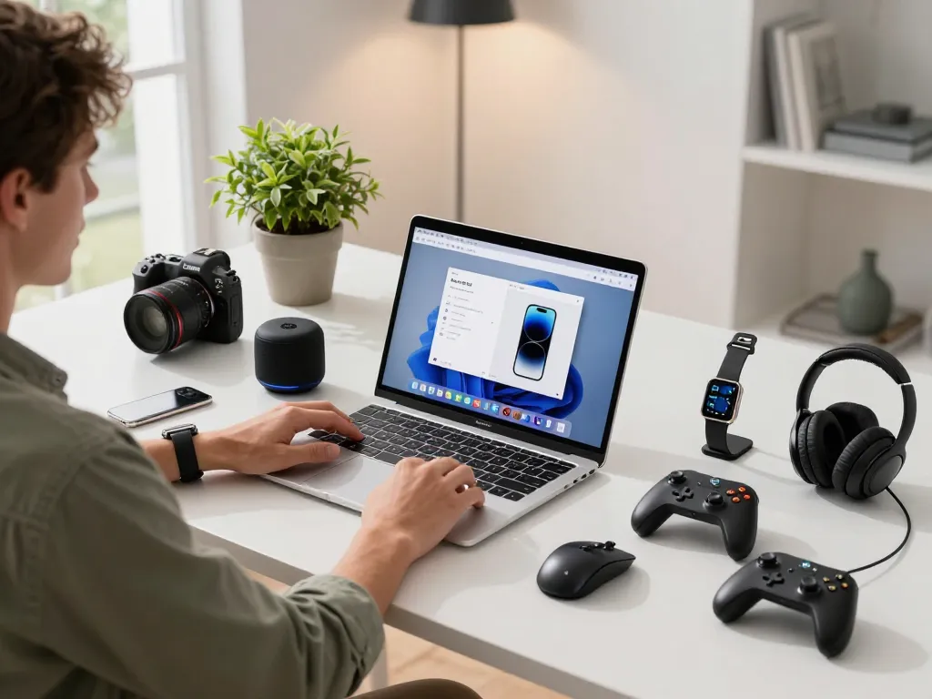 Explore unique tech gadgets like Bluetooth speakers, smart watches, and gaming controllers in a modern workspace.