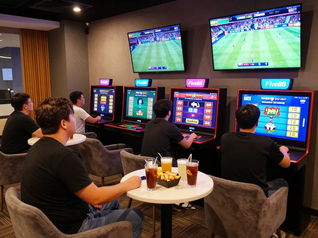 Five88 players enjoying live dealer games in an energetic gaming lounge.